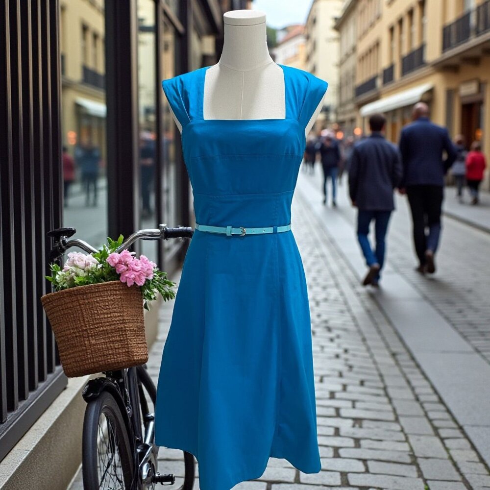Calvin Klein Blue Sleeveless Belted Fit Flare Dress Summer Resort Coastal‎ Chic